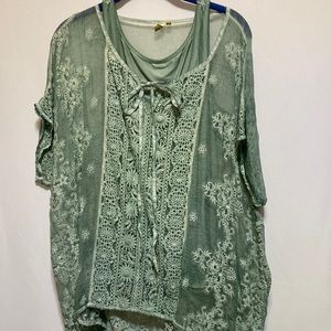 PALE GREEN SHEER SILK NWOT EMBROIDERED BLOUSE WITH TANK TOP LINER